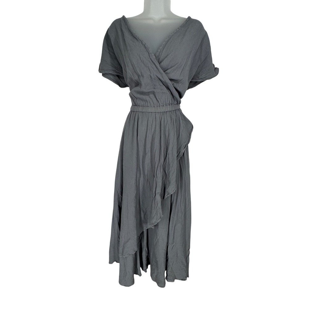 Cottonways Gray Cotton Gauze Wrap V-Neck Ruffle High-Low Maxi Dress Size 2 L XL